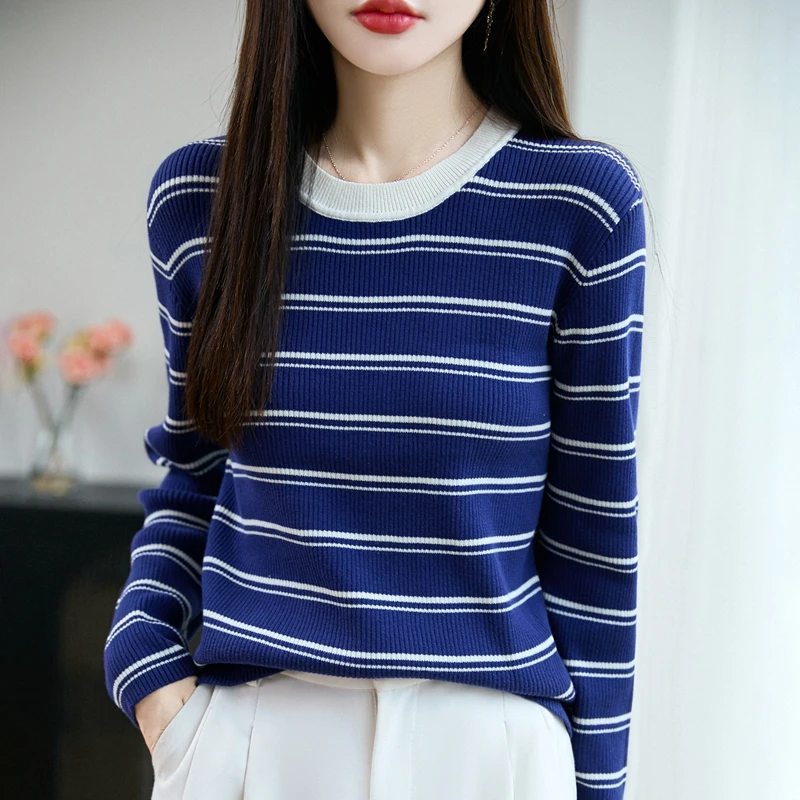 

Осень и зима, новый полосатый вязаный свитер из 100% чистого хлопка, женский пуловер с круглым вырезом, свободный и хит продаж, женский топ