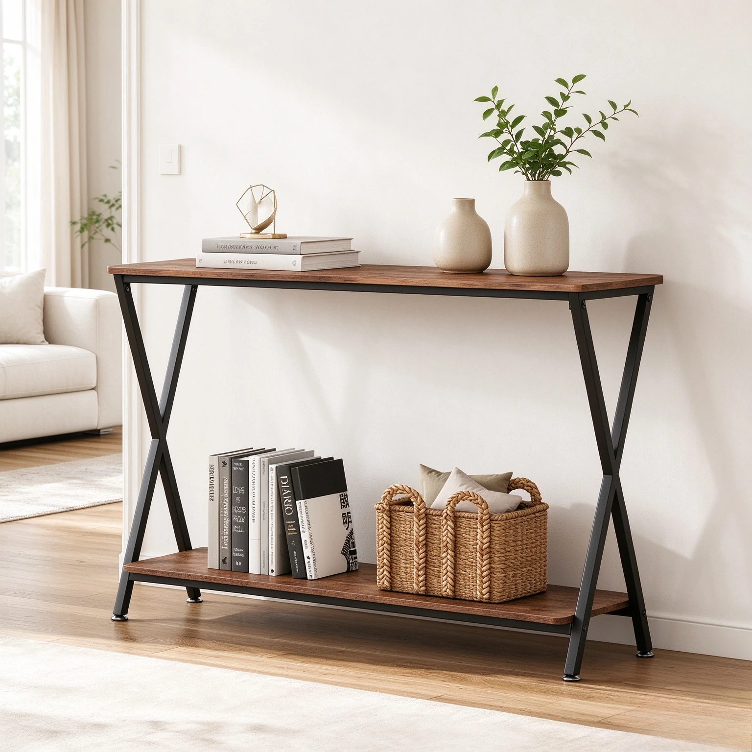 Solid Wood and Iron Console Table, Long Narrow Entryway Sofa Sideboard for Hallway, Living Room and Rustic Home Interior Display