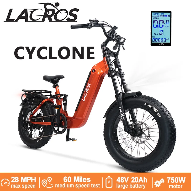 

Lacros Cyclone 750W E-Bike 48V 20Ah 28MPH 60Mi Hydraulic Brakes 7-Speed Shimano 20x4 Fat Tires 400LBS for Adults