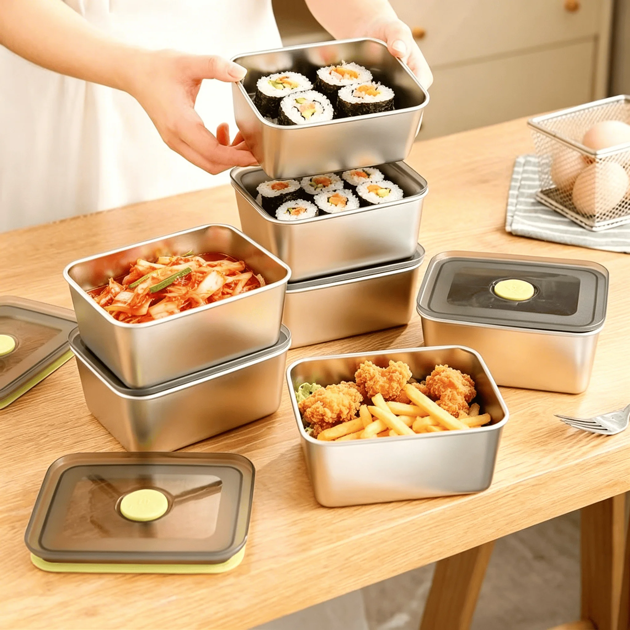 Edelstahl-Lunchbox mit Deckel, Lebensmittel-Vorbereitungsbox, Versiegelte Kühlschrank-Aufbewahrungsbox, Quadratische Form mit Dichtungsdeckel
