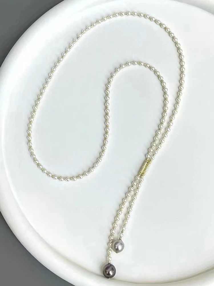 4-5mm Freshwater Baby Pearl Necklace Luxury Sweater Chain for Women with Tahitian Black Pearls and Magnetic Buckle Length 72cm