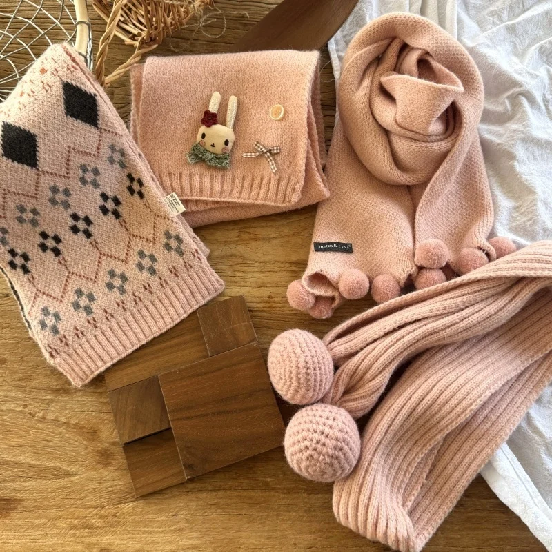 Bufanda de punto suave para niños, 8 estilos, rosa Pastel, pompón de conejo 3D texturizado, accesorio cálido de invierno para niñas pequeñas