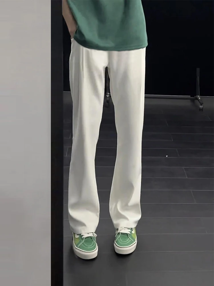 White Ice Silk Men's Pants Straight Leg Casual Trousers with Slight Flare Drapey Material Long Leg Visual Effect Summer Wear