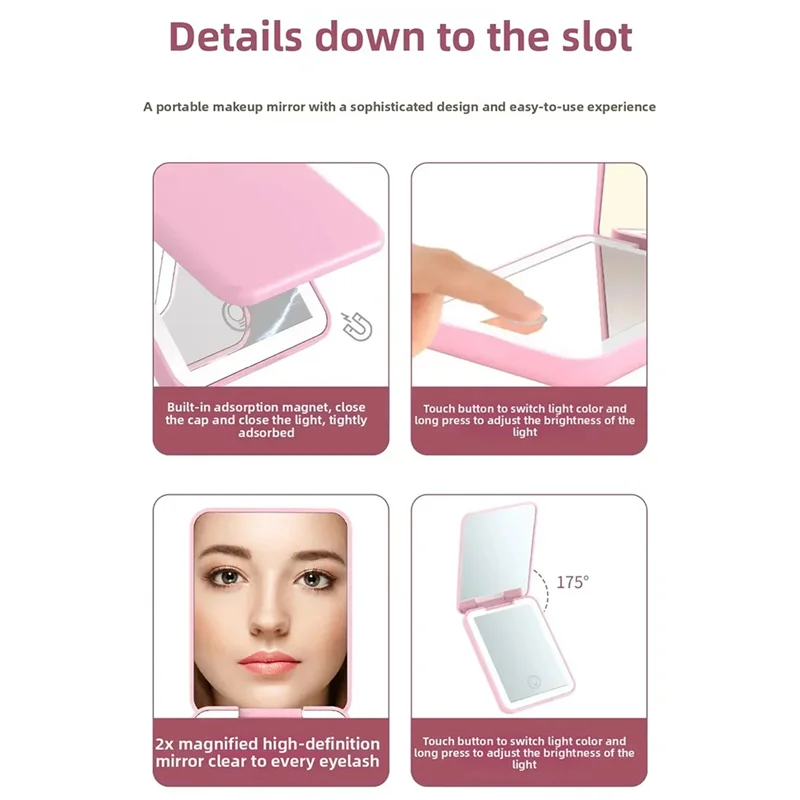 ABVT-Hand Held Compact Mini Vanity Folding Cosmetic Mirror With Lights Small Pocket Travel Makeup Mirror 2X Magnifying
