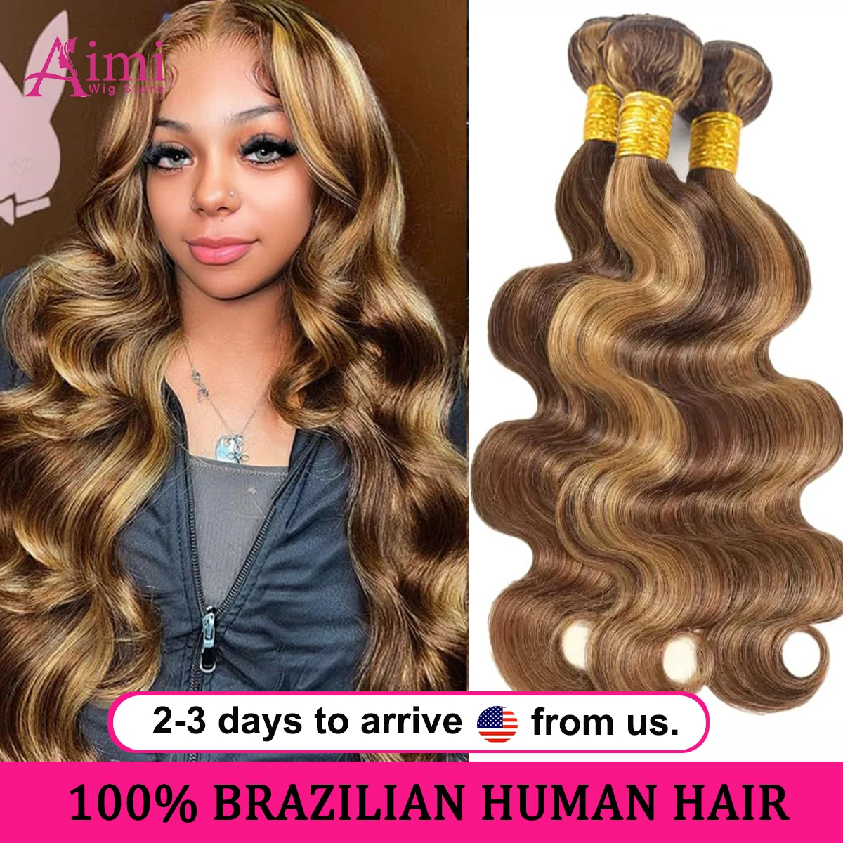 16A ハイライト 4/27 ボディウェーブ バンドル 人毛 30インチ レミー ブラジリアン人毛 4ピース ハニーブロンド ピアノカラー ヘアエクステンション