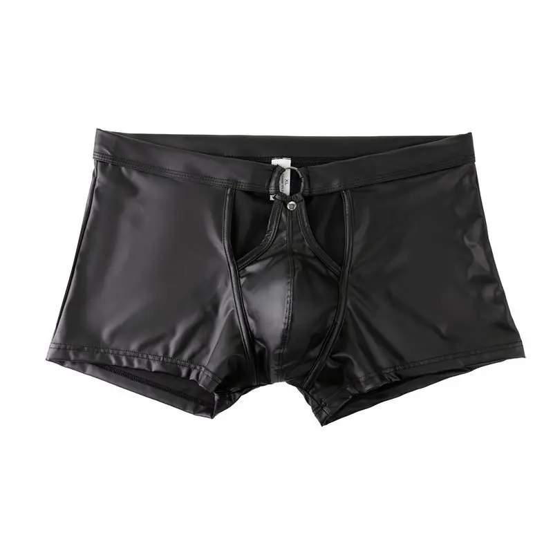 Mens Underwear Black Faux Leather Boxers Shorts Homme Ring Lingeries Man Panties U Convex Pouch Underpants Cueca Calzoncillo