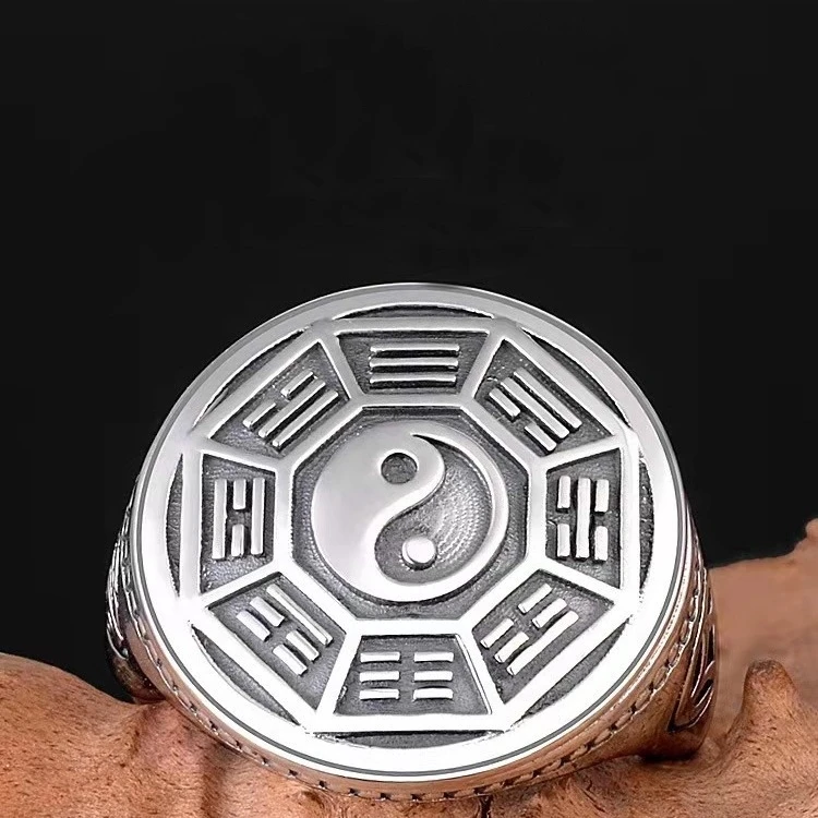 Ethnic Style Tai Chi Eight Diagrams Ring For Men Jewelry Vintage Relief Coin Ring Male Index Finger Accessories Open Size