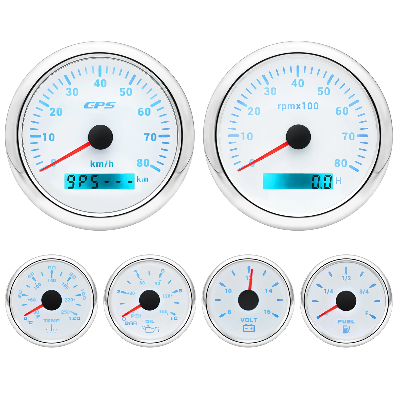 85MM+52MM Gauge Set with Sensor 1/8NPT Car Boat Waterproof Speedometer MPH Km/h Water Temp Voltmeter Oil Press Tacho Fuel Gauge