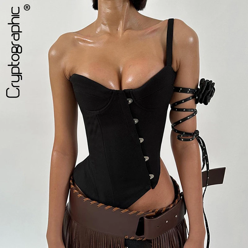 Cryptographic-Corset asymétrique pour femme, Streetwear, haut court élégant, bustier en fibre, tenues chics, mode sexy, 2024