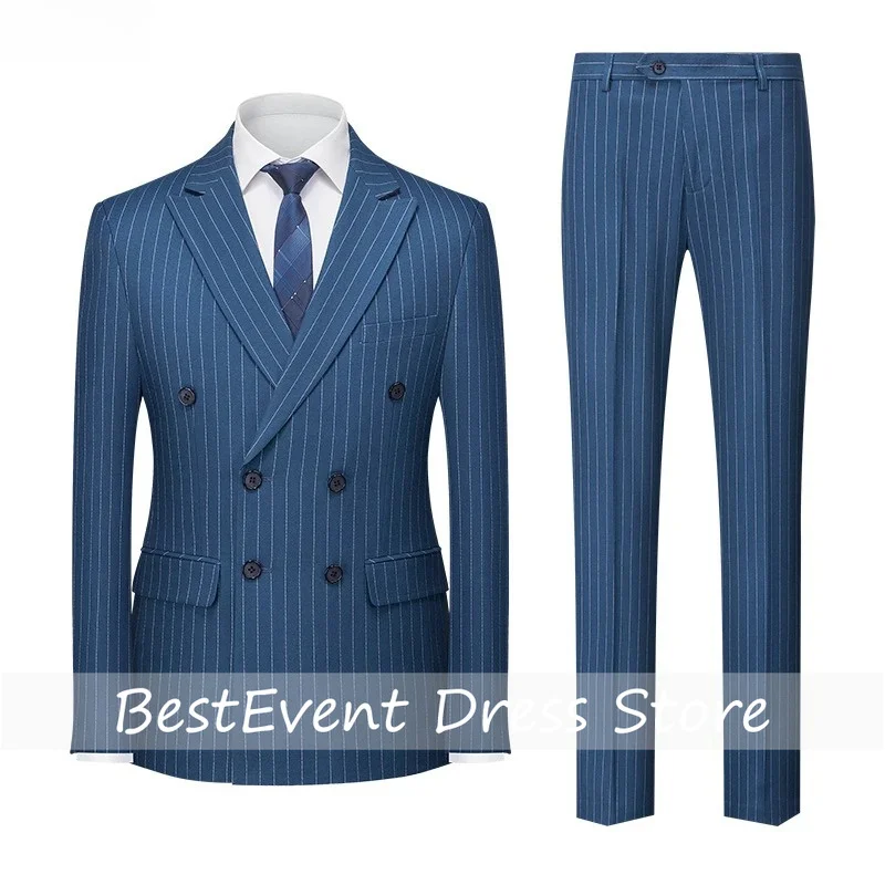 

Men's Blue Pinstripe Double-breasted Suit Two-piece Wedding Party Business Dress Jacket and Pants Red Gray Male Sets Customized
