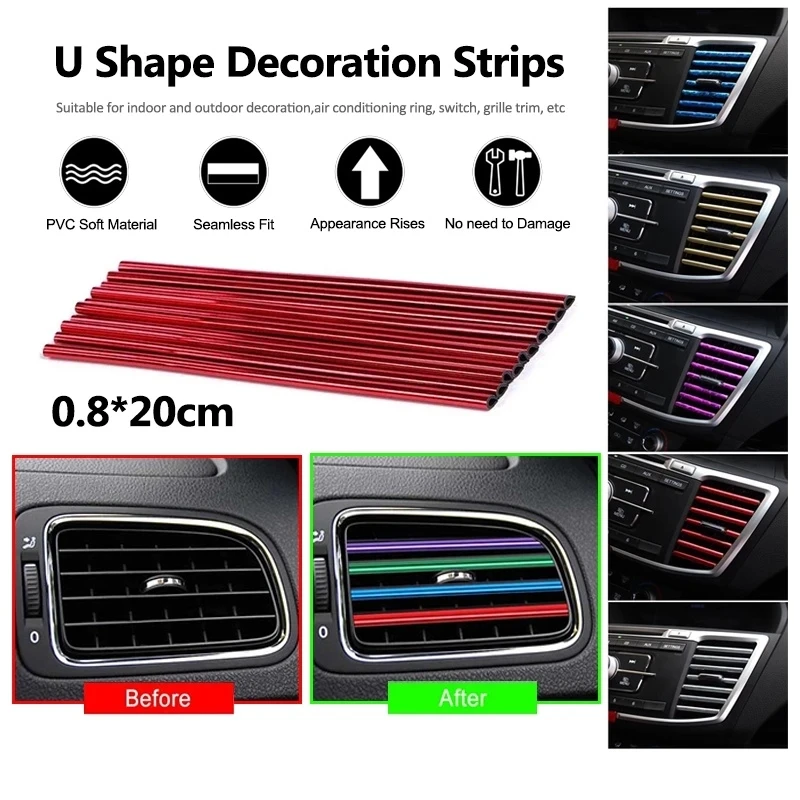 10PCS 20cm Car Air Conditioner Outlet Decorative U Shape Moulding Trim Decor Strips Car Styling Car Door Edge Corner Protector