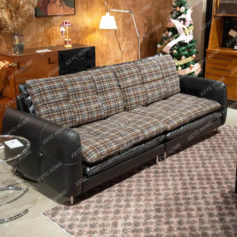 K  retro burger sofa medieval straight row two-sided oil wax leather sofa
