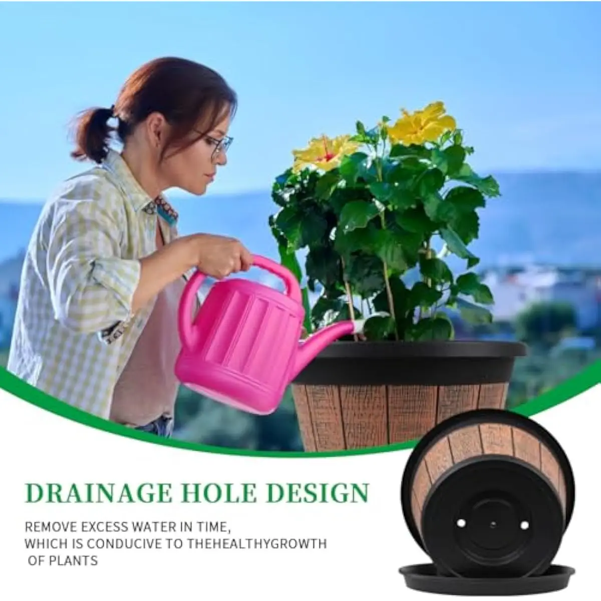 4 Pack Vintage-Inspired 16 Inch Outdoor Plant Pots Featuring Rustic Barrel Aesthetic Drainage Holes Sturdy Resin Construction Li