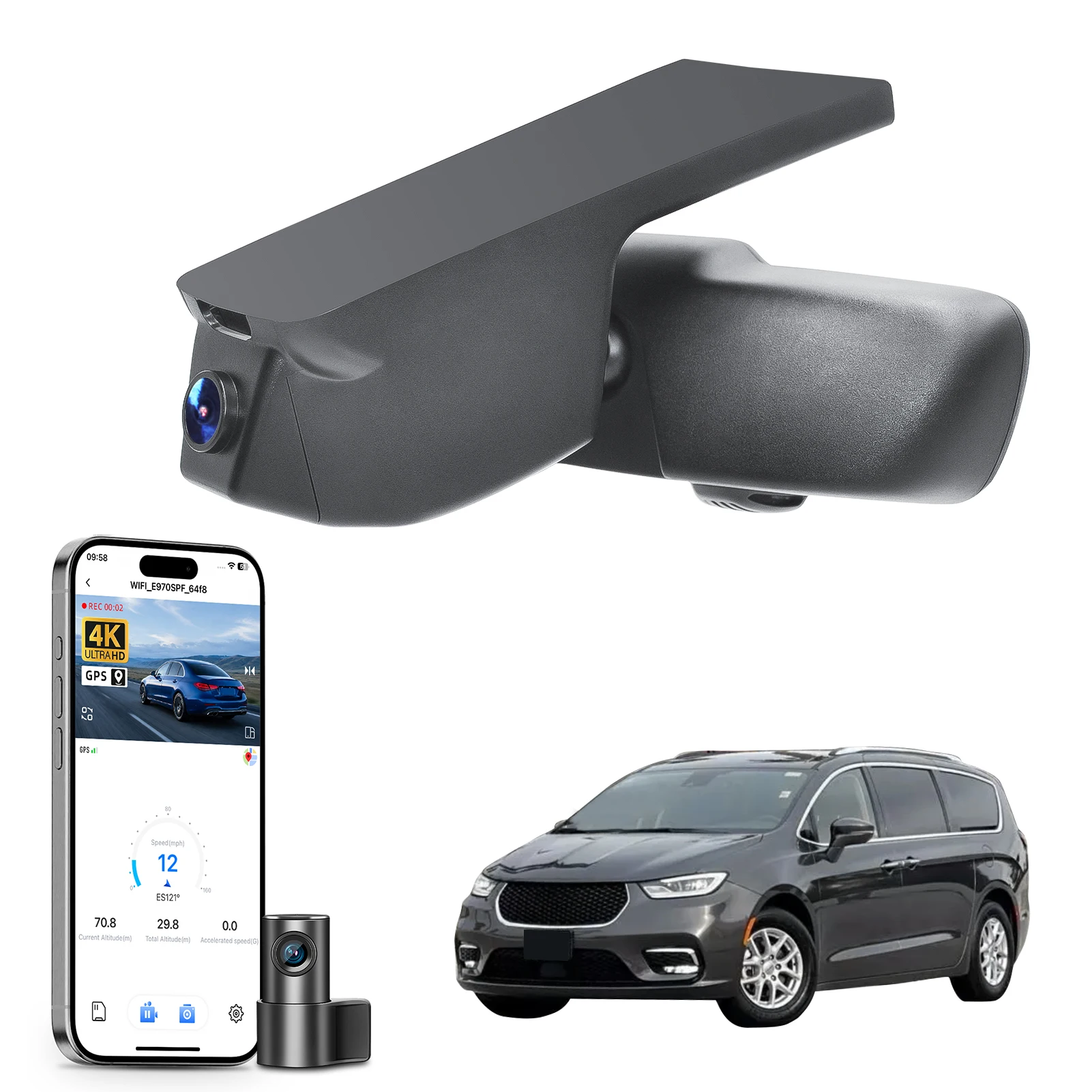 Câmera Veicular Mangoal Dash Cam 4K para Chrysler Pacifica 2017-2026 com Visão Noturna, WiFi e GPS via APP, Gravador Plug and Play