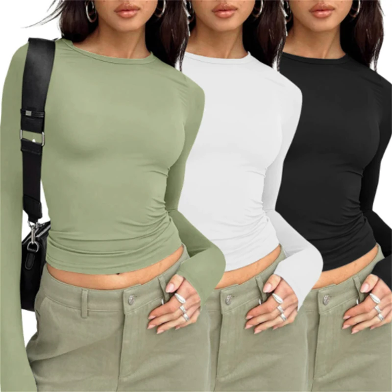 المرأة طويلة الأكمام تي شيرت ربيع الخريف بلون سليم صالح البلوز المرأة الأساسية س الرقبة تي شيرت Y2k الملابس الشارع ارتداء