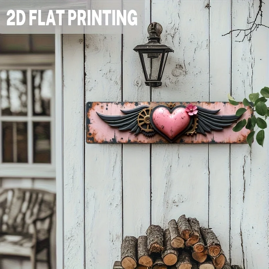 2D flat, 1 piece Steampunk Love Wall Decor - Victorian Wrought Iron Metal Sign, adorned with a black winged heart and pink gear