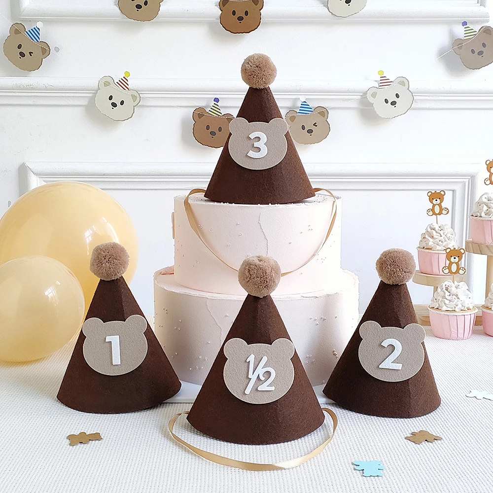 Kids Brown Coffee Bear Happy Birthday Hat 1st 2nd 3rd Year Old Crown Photo Props Children First Birthday Party Baby Shower Decor