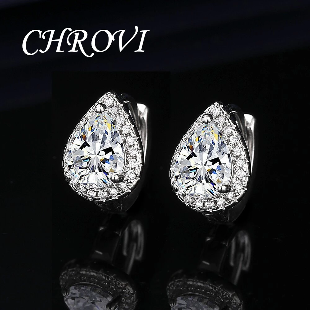 High-grade 925 pure silver pear-shaped zirconia earrings - fashionable round ear studs with ear loops