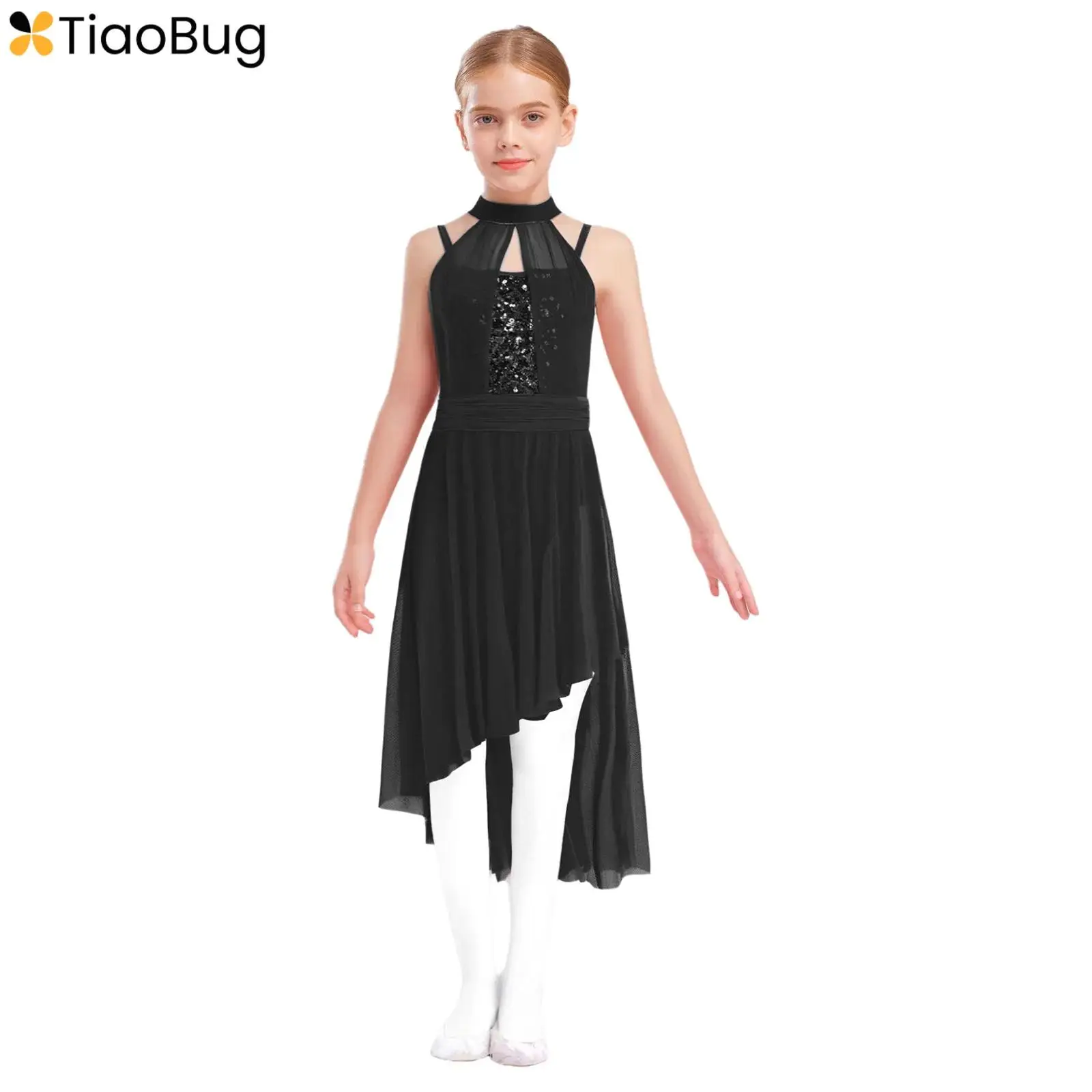 

Girls Lyrical Dance Dress Sleeveless Shiny Sequins Bodice Sheer Mesh Maxi Dress for Gymnastics Modern Dance Stage Performance