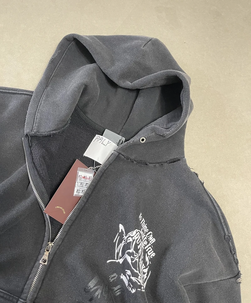 Washed Black Paly Hoodies Damaged Hole Vintage Graphics Zipper Hoody Sweatshirts Streetwear