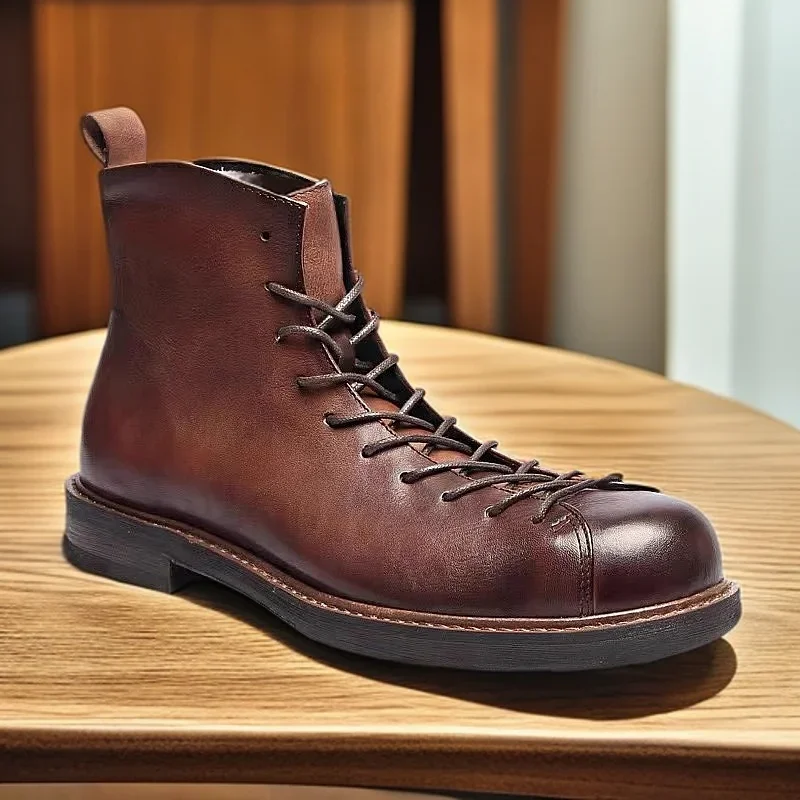 

Fashion Men's Genuine Leather Brogues Shoes Motorcycle Boots Mid-calf Western Chelsae Boots Formal Dress Shoes Lace up