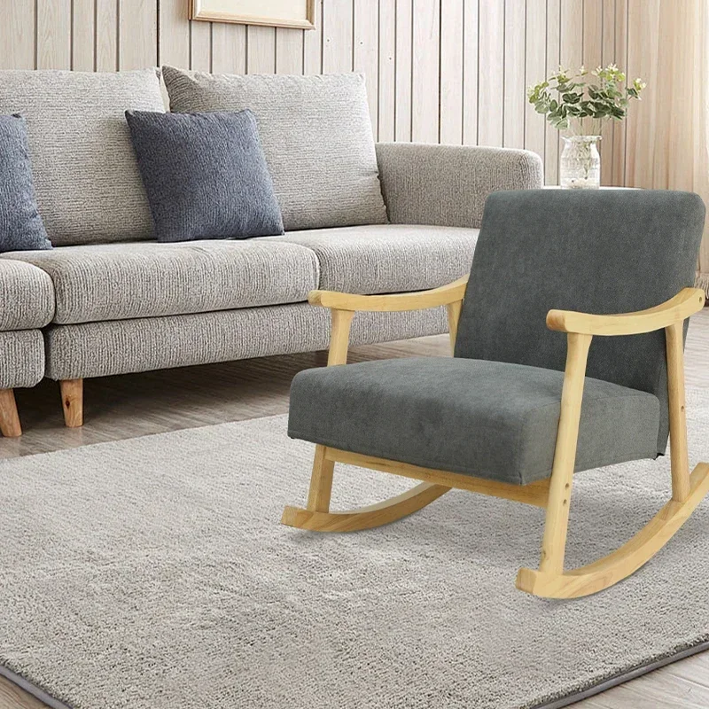 

mUpholstered Solid Wood Rocking Chair Leisure Recliner Relaxing Living Room Single Seat Sofa Modern Comfortable Wood Chair l