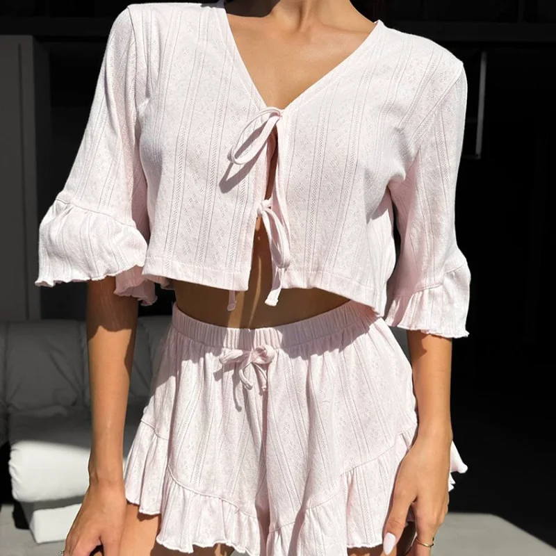 Cardigan Strap Pajamas Women's Ruffle Edge Short-sleeved Shorts Can Be Worn Outside, Comfortable and Breathable Loungewear Set