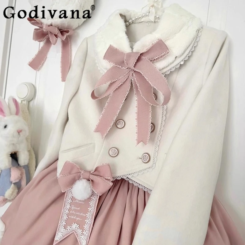 Pink Cute Sweet Coat and Skirt Lolita Outfit Autumn Winter Women Lolita Skirt Suits for Daily Wear Female Japanese Princess Set