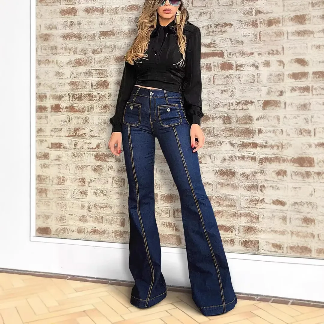 Women Jeans Denim Pant Vintage Flare Pants Y2k Streetwear Slim Fit High Waist Straight Trousers Elegant Splice Work Casual 2026