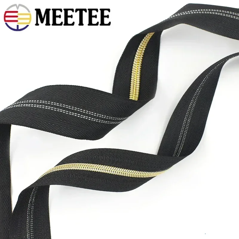 10Meters Gold Nylon Zipper Tape 3# 5# Continuous Decorative Zip Coil with Puller Slider Bag Clothes Jacket Sewing Accessories