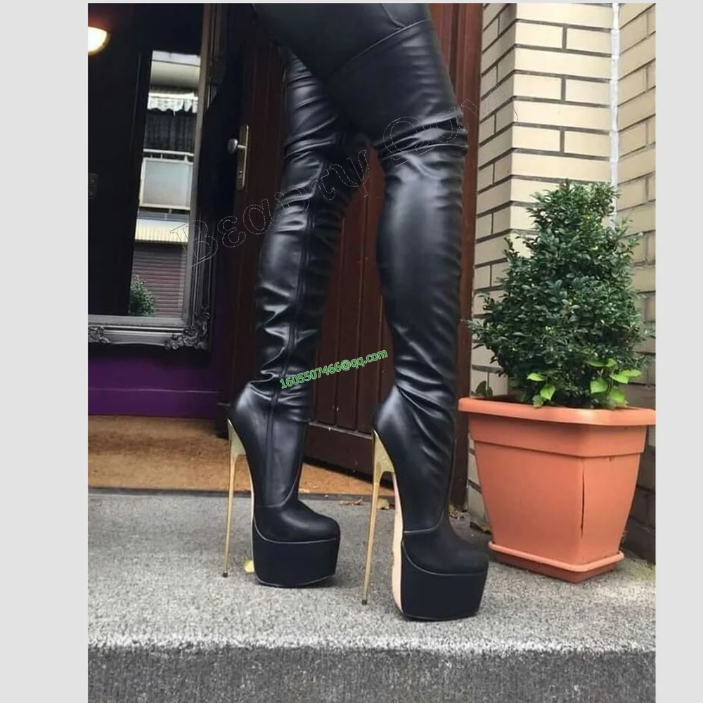 

Black Thigh High Metal Heel Boots Solid Round Toe Spike High High Heel Shoes Solid Sexy Women Shoes New Zapatos Para Mujere