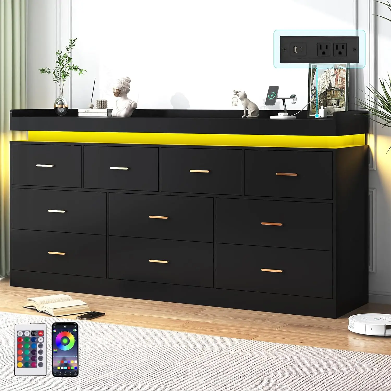 10 Drawer Dresser with Charging Station , Modern Chest , Organizer Cabinet for Bedroom, Living Room, Entryway, Black