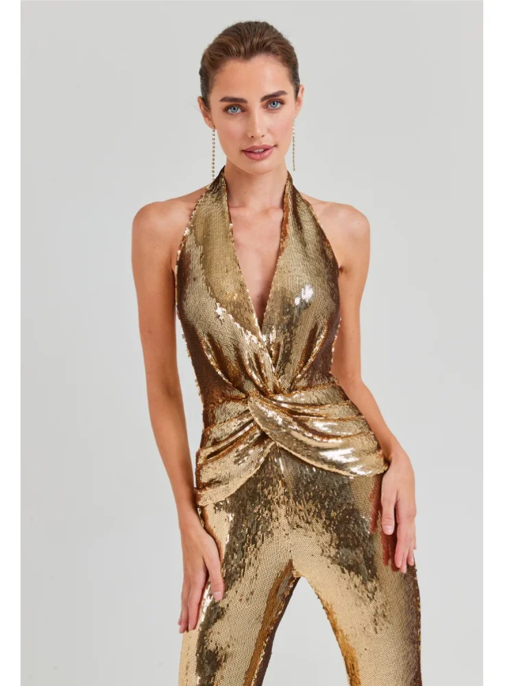 Summer New 2024 INS Women Sexy Glitter Sequins Gold Bodycon Jumpsuit Celebrity Designer High Street Boot Cut  Rompers