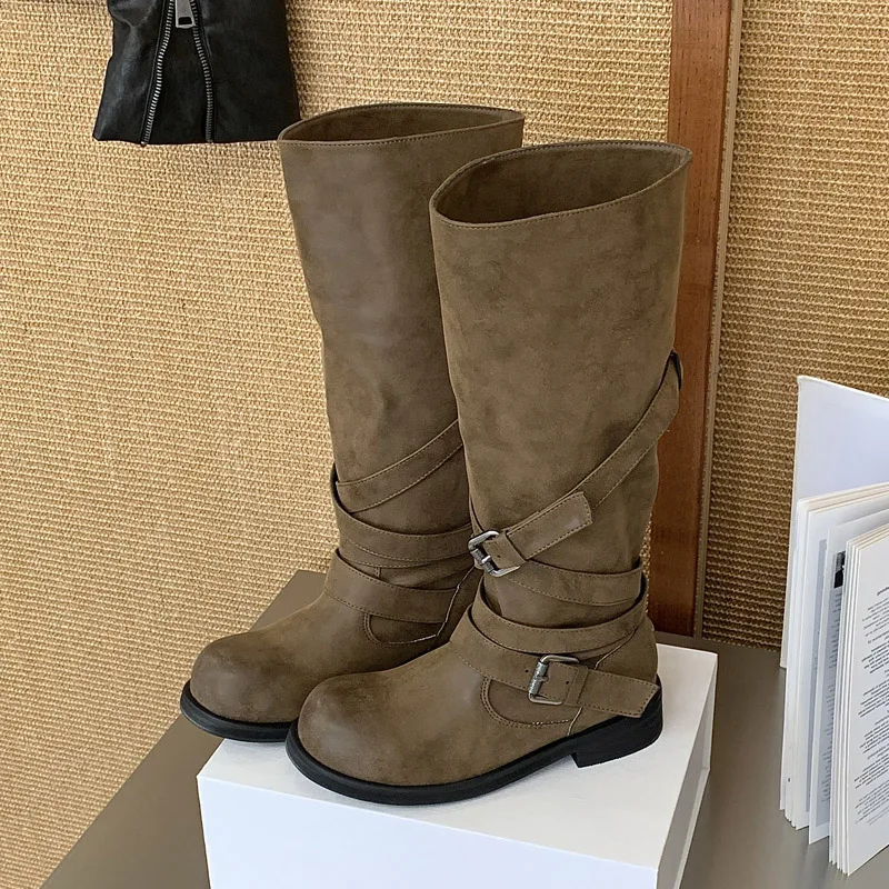 Eilyken New Design Belt Buckle Splicing Color Women Knee-High Boots Fashion Round Toe Square Low Heels Banquet Shoes