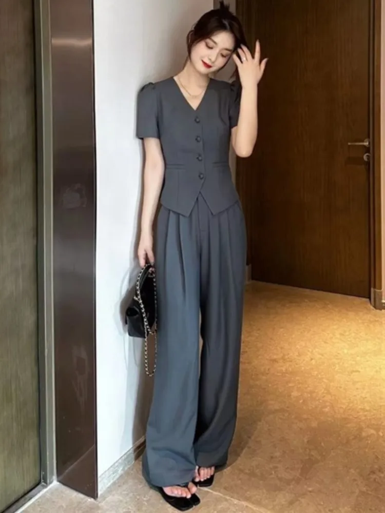 Women Short Sleeve Top Wide Leg Pants Suit Summer New Fashion Female High-end Korean Style Casual Pants Two Piece Set