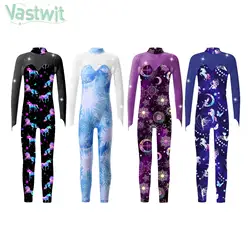 Teen Girls Figure Ice Skating Costume Ballet Dance Gymnastic Leotard Acrobatics Yoga Jumpsuit Long Sleeve Shiny Mesh Bodysuit