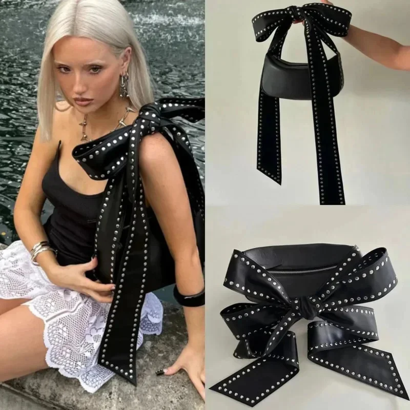 

Motorcycle Bag Punk Y2K Bow Rivet Tote Bag Sexy Black Four Seasons Hot Girl Bag PU Bag Shoulder Bag Zipper Crossbody Bag New