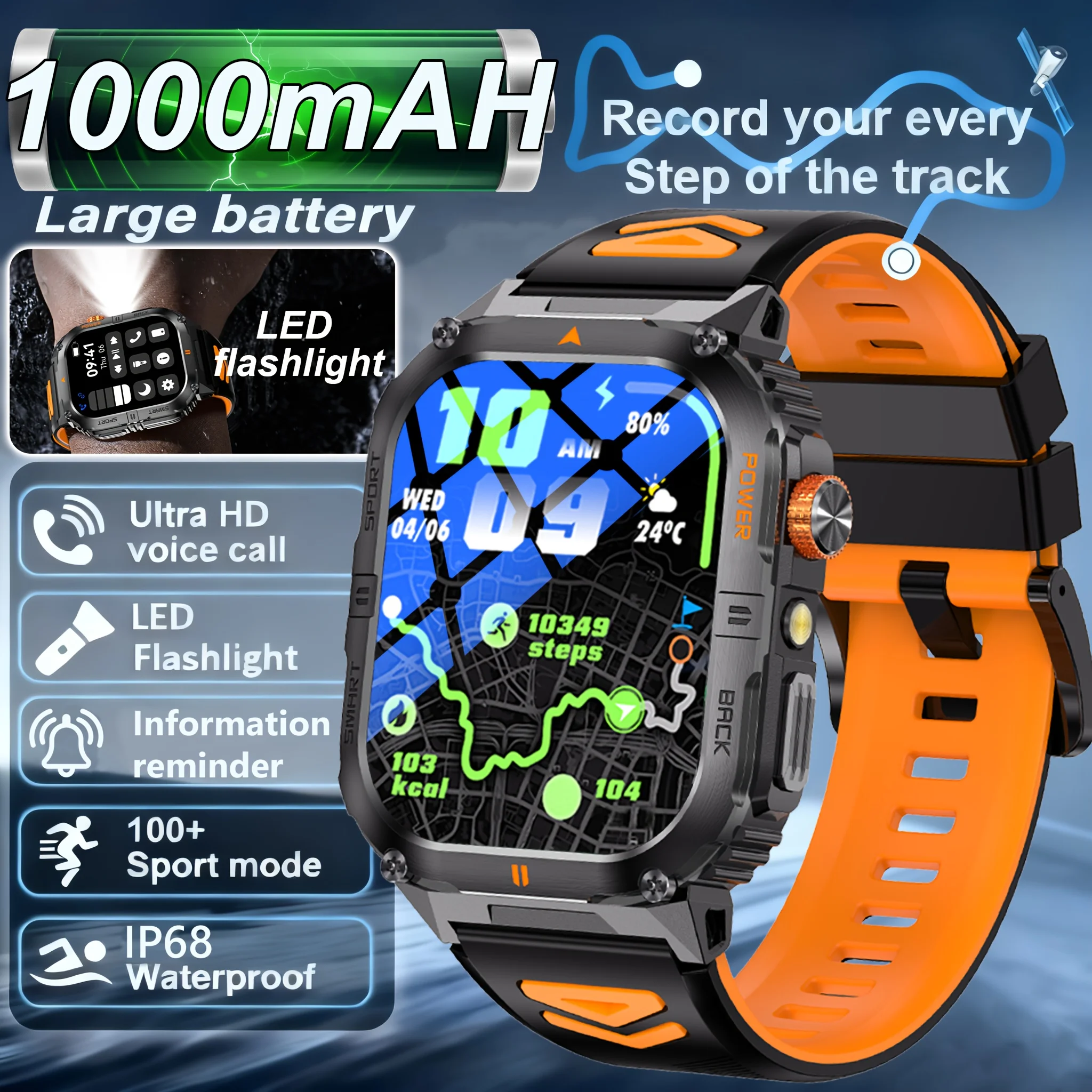 

New 1000mAh military GPS sports and outdoor men's smartwatch LED flashlight IP68 water resistance 2.01-inch Bluetooth call 2026