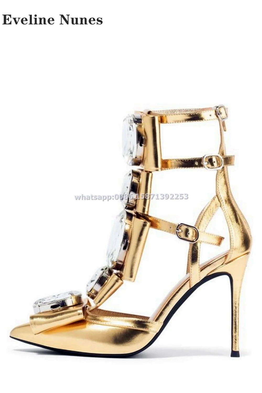 Bow Exaggerated Jewels Rome Sandals Pointed Toe Stiletto Hollow Out Zipper Women Heels Large Size Customize Color Runway Shoes