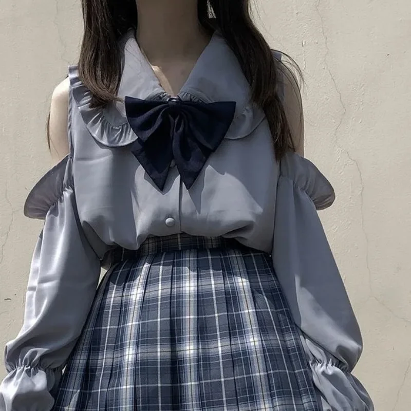 الحلو بيتر بان طوق قبالة الكتف فانوس كم أعلى مطوي تنورة الزي المدرسي للنساء الصيف لطيف Jk دعوى حجم كبير 2XL #6