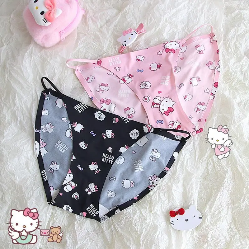 

2024 Mew Sanrio Hello Kitty Underpants Women's Sexy Ice Silk Underwear Y2K Cute Cartoon Low Waist Traceless Print Briefs Gift