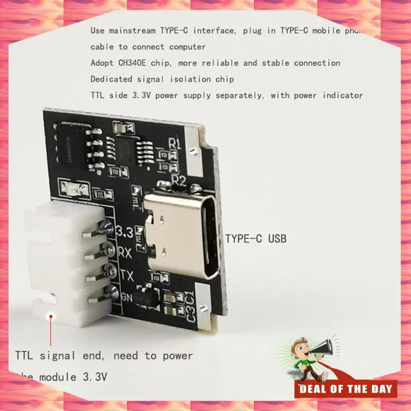 

24-часовая доставка, изолированный модуль USB-TTL, 3,3 В, TYPE-C, кабель для загрузки, щетка для обновления, промышленная, 1 шт., черный