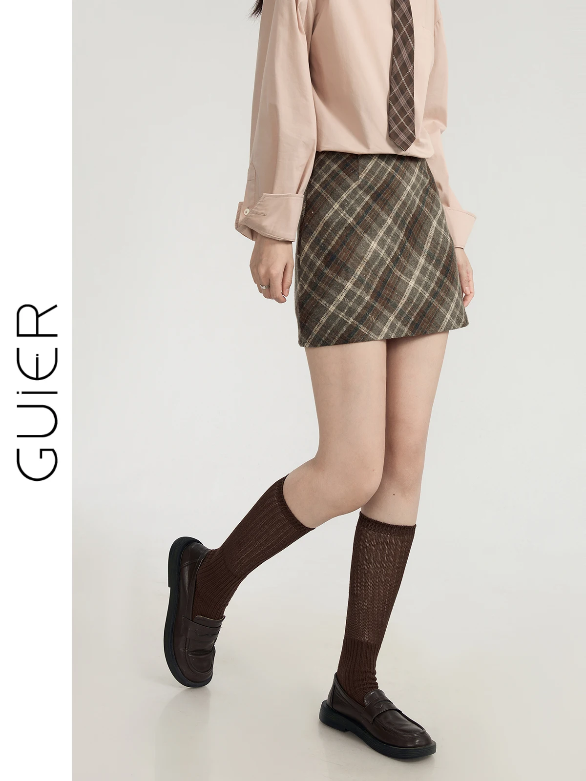 

Шерстяная юбка Guier в клетку с высокой талией, А-силуэт, женская, весна-осень 2025, новая, ретро, короткая юбка