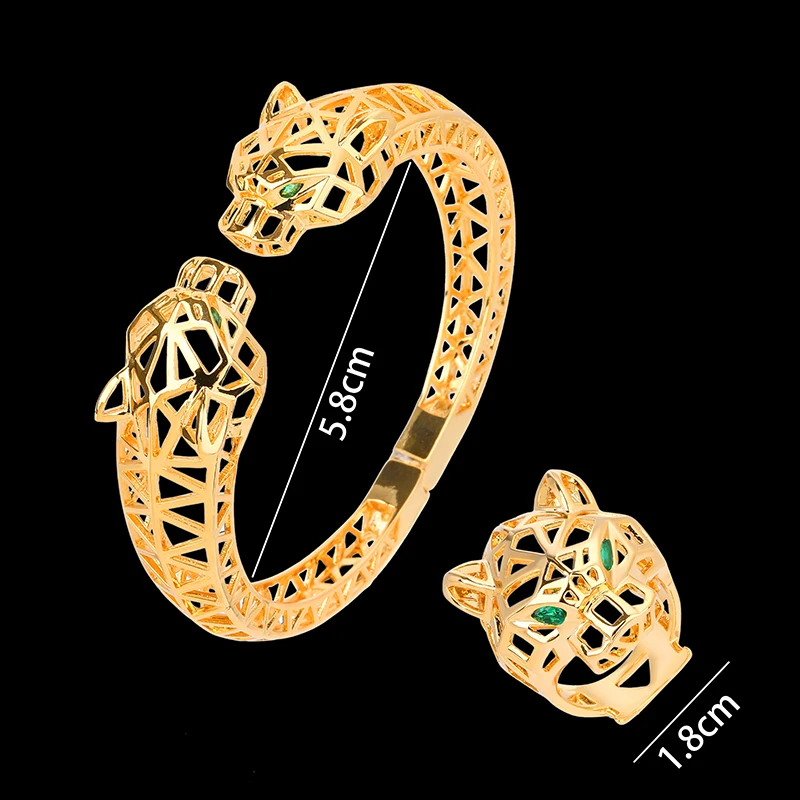 Vankeliif Simple copper hollowed out green eye double headed leopard Bangles and ring a classic popular accessory for women\'s