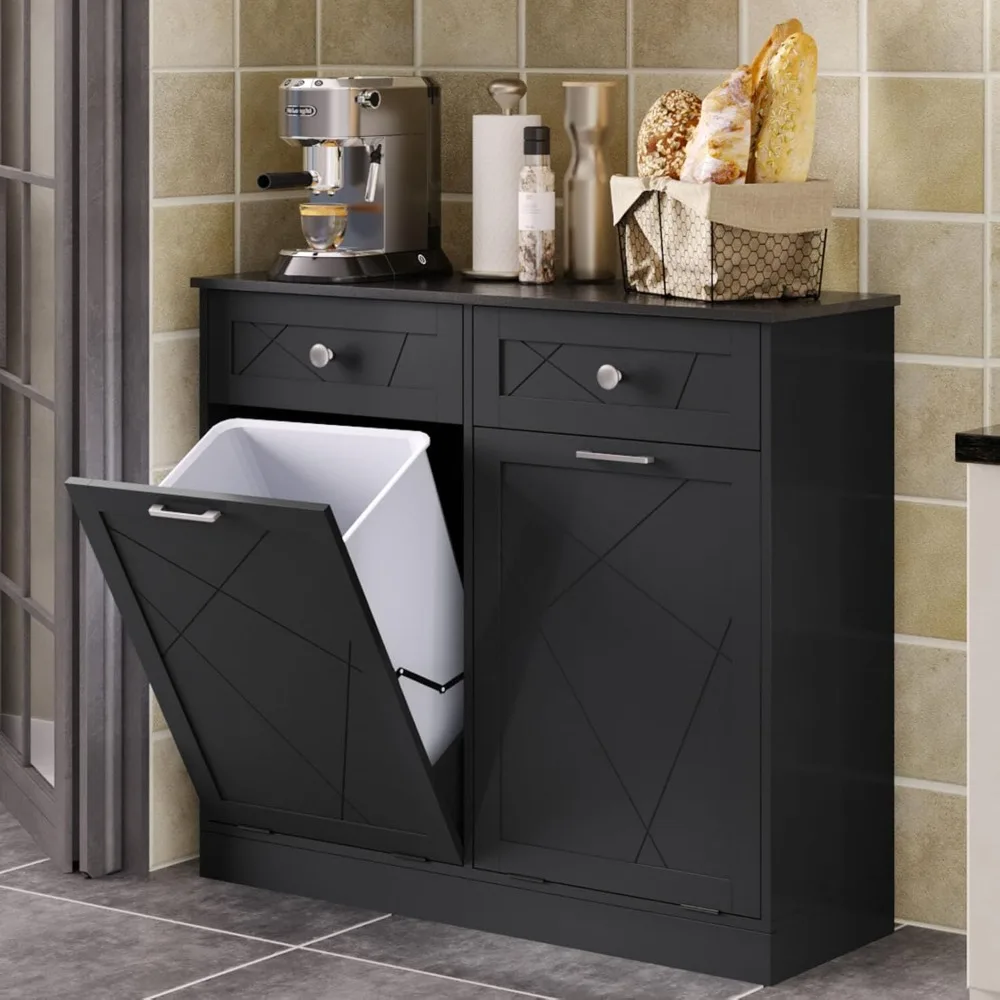 

Trash Cabinet Double Tit Out Trash Bin, Dog Proof Hideaway Tilt Out Double Trash Can Holder with Two Drawers, Free Standing Recy