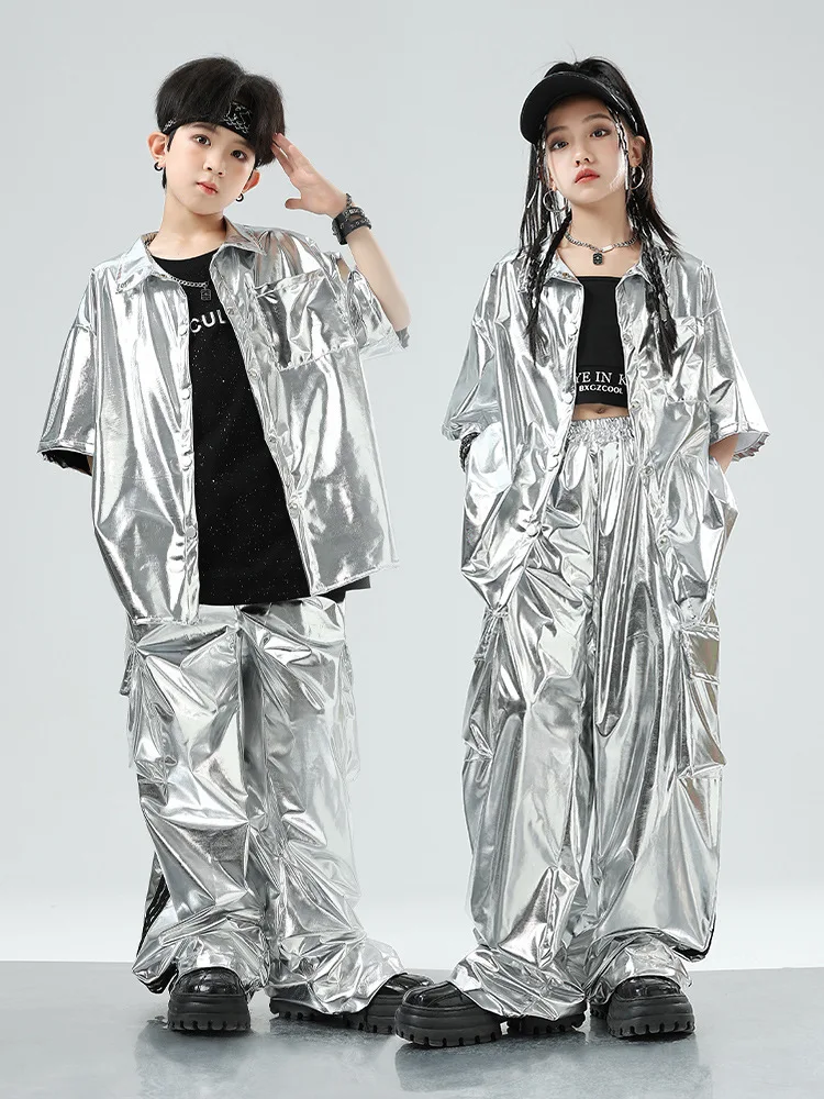 Jungen Hip Hop Silber Jacke Street Dance Cargo Hosen Mädchen Pailletten Coole Streetwear Kinder Jazz Kleidung Sets Kinder Glänzende Kostüme