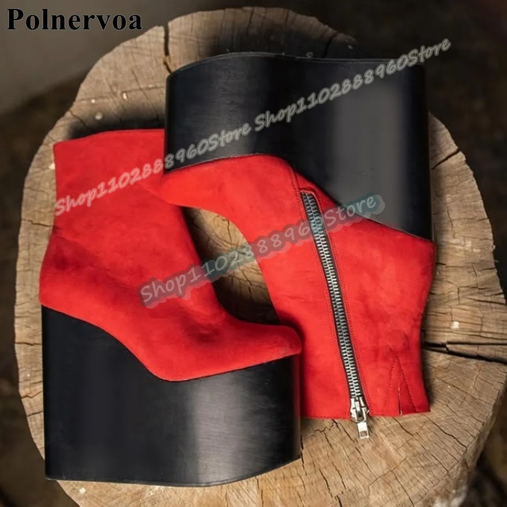 اليدوية الأحمر الجلد المدبوغ منصة حذاء من الجلد أسافين أحذية عالية الكعب للنساء الجانب سستة جولة تو موضة عادية Zapatos Para Mujer #2