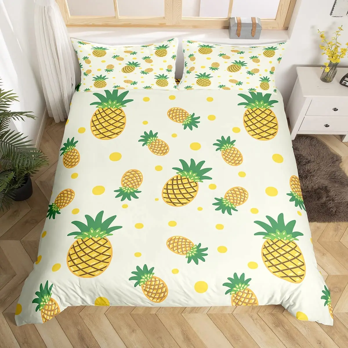 Pineapple Quilt Cover King Queen Yellow Funny Fruit Duvet Cover for Girls Teens Bedding Set Seaside Beach Theme Comforter Cover