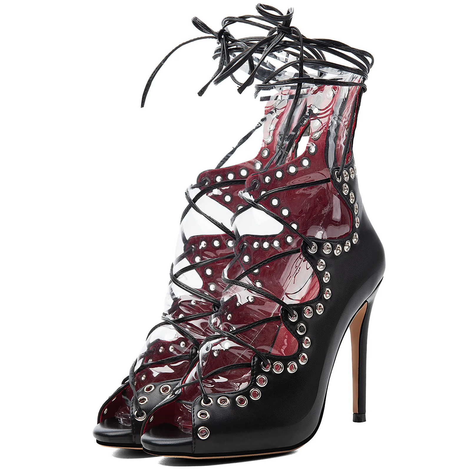 Women Black Faux Leather Gladiator Sandals Metal Eyelet Lace‑Up Peep Toe Stiletto High Heels Nightclub Stage Pole Dance Shoes