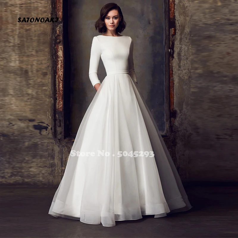 Vestidos De Novia Simple Princesa Wedding Dresses A-Line Long Sleeve Button Back Sweep Train Bridal Gown Robe Mariée Custom Made